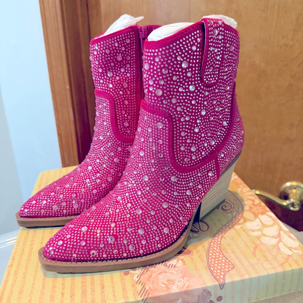 Women's Pink Rhinestone Ankle Boots - New